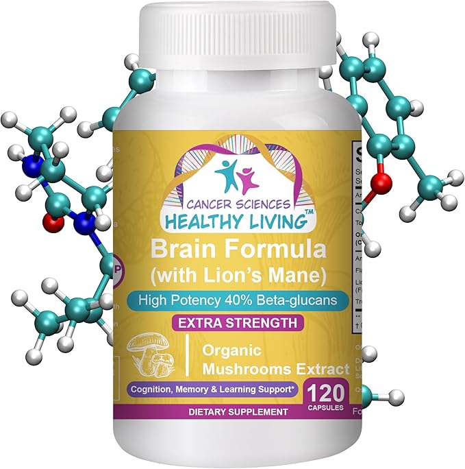Cancer Sciences Memory Supplement for Brain, USDA Certified Organic Mushrooms Extract, Brain Health Supplements, Extra Strength 1,500 mg, High Potency 40% Beta-Glucans, Immune Support, 120 Capsules
