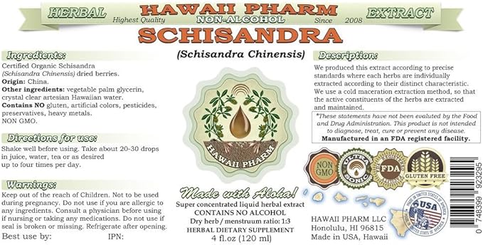 Schisandra Alcohol-Free Liquid Extract, Organic Schisandra (Schisandra Chinensis) Dried Berry Glycerite Natural Herbal Supplement, Hawaii Pharm, USA 32 fl.oz