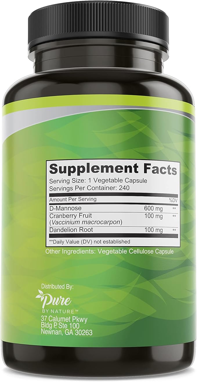 Pure By Nature 600mg D-Mannose Vegan Capsules with Cranberry & Dandelion Extract, Urinary Tract Health Support, Flush Impurity, Detox Body, 240 Count