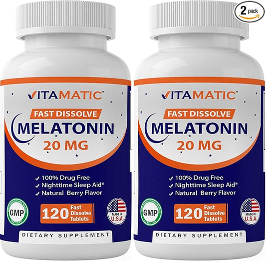 Vitamatic 2 Pack Melatonin 20 mg Fast Dissolve 120 Tablets - Natural Berry Flavor | Vegetarian, Non-GMO, Gluten Free (Total 240 Tablets)