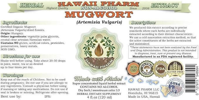 Mugwort Alcohol-Free Liquid Extract, Organic Mugwort (Artemisia vulgaris) Dried Flower Glycerite Natural Herbal Supplement, Hawaii Pharm, USA 2 oz
