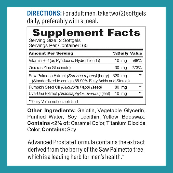 Vitamin World Advanced Prostate Formula Saw Palmetto Complex 120 Softgels, Supports Prostate Health, Urinary Health, Rapid-Release, Gluten Free