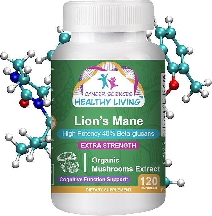 CANCER SCIENCES Lion’s Mane Wellness Mushroom Supplement Capsules, USDA Certified Organic Mushroom Extract, Extra Strength 1,500 mg, High Potency 40% Beta-Glucans, Focus & Memory Support, 120 Capsules