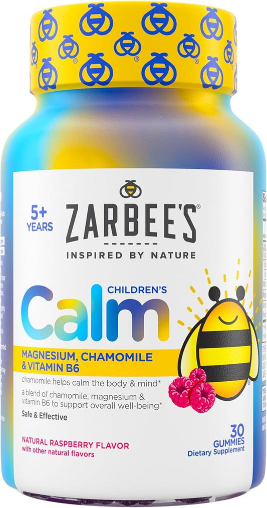 Zarbee's Children's Calm Gummy, Supports a Calm Mind & Body for Kids Ages 5+, Made with Magnesium, Chamomile & Vitamin B6, Natural Raspberry Flavor, 30 Count Gummies