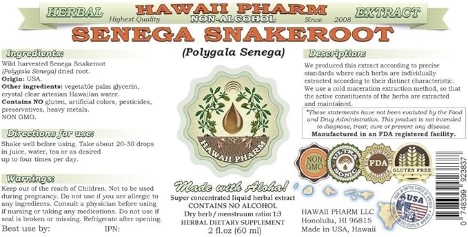 Senega Snakeroot Alcohol-Free Liquid Extract, Senega Snakeroot (Polygala Senega) Dried Root Glycerite Natural Herbal Supplement, Hawaii Pharm, USA 2x2 fl.oz
