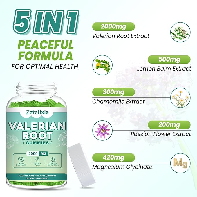 2 Pack Organic Valerian Root Gummies, Natural Calm to Help Relaxation, Herbal Supplement for Mood Support, Melatonin Free, Non-GMO, Gluten Free, Vegan, Green Grape Flavor, 120 Count