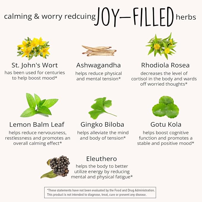Joy-Filled Mood Support Supplement with St. Johns Wort | Stress Relief – Helps Calm The Mind & Body | 100% Plant-Based Happy Pills, Ashwagandha, Rhodiola Rosea, Eleuthero | Herbal Adaptogens, 60 Ct