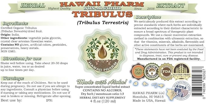 Hawaii Pharm Tribulus Alcohol-Free Liquid Extract, Tribulus (Tribulus Terrestris) Dried Fruit Glycerite Natural Herbal Supplement, USA 2x2 fl.oz