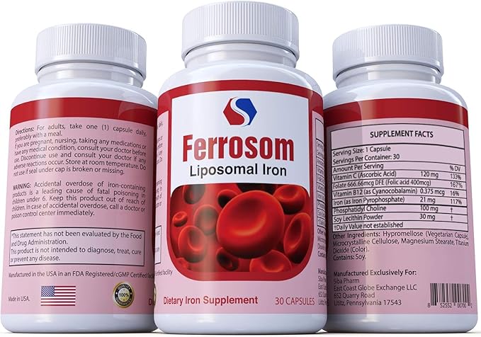 Liposomal Iron Supplements by Siba Pharm | Ferrosom Dietry Iron Vitamins Supplement | Rich in Vitamin C, B12, Folic Acid| Non GMO, Vegan, Premium Quality| Helps New Blood Cell Production | 30 Capsules