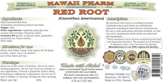 Red Root Alcohol-Free Liquid Extract, Red Root (Ceanothus Americanus) Dried Root Bark Glycerite Natural Herbal Supplement, Hawaii Pharm, USA 4x4 fl.oz