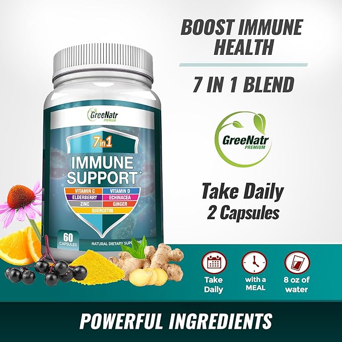 7 in 1 Immune Support Supplement with Vitamin C, D3, Zinc 50mg, Quercetin, Echinacea Purpurea, Sambucus Elderberry and Ginger for Complete Immune Defense - 60 Capsules (1 Bottle)