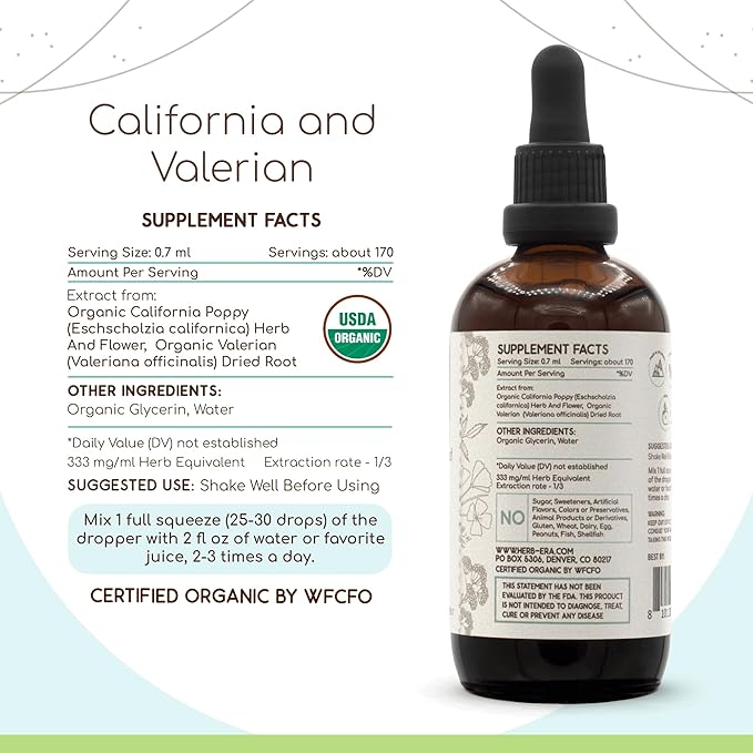 California and Valerian B120 USDA Organic Tincture | Alcohol-Free Extract, Herbal Drops | Certified Organic California Poppy (Eschscholzia californica), Valerian Root (Valeriana officinalis) (4 oz)