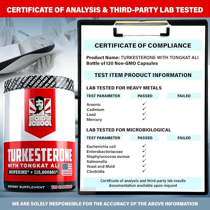 Old School Labs Turkesterone Supplement for Men 15,000mg [Max Potency] + BioPerine® for High Absorption - Tongkat Ali for Men - Increase Muscle Growth & Recovery, Drive & Stamina - USA Made - 120 Caps