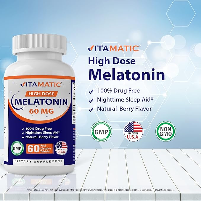 Vitamatic Melatonin 60 mg Fast Dissolve Tablets - 60 Vegan Natural Berry Flavor Tablets - Non-Habit Forming - Non-GMO, Gluten Free (1 Bottle)