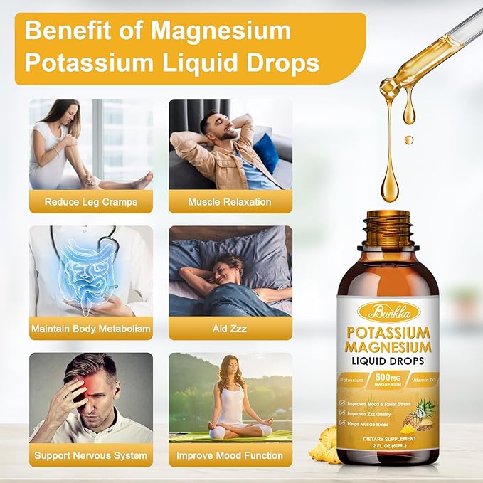 (2 Pack) Potassium Magnesium Supplement, Magnesium Potassium Supplements with Calcium, Vitamin D3, Zinc, Sugar Free & Vegan Liquid Drops Supplement for Leg Cramps, Energy, for Adult and Kid