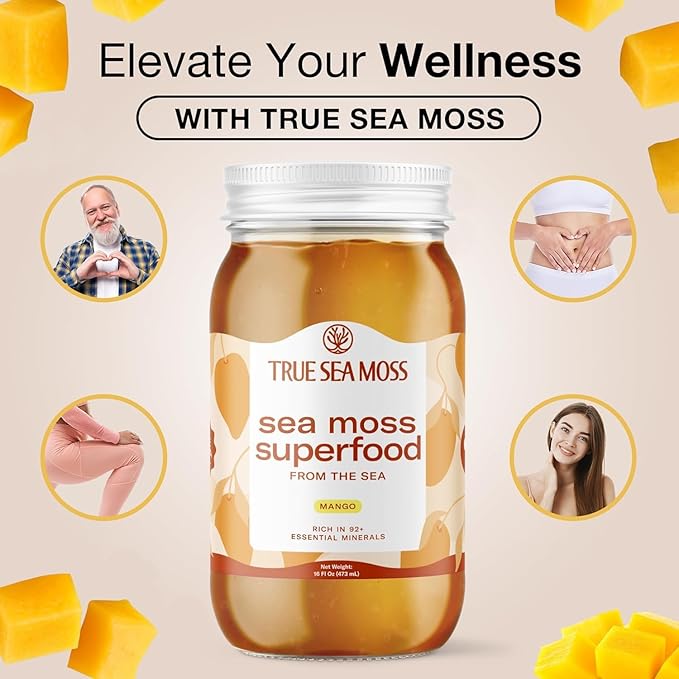 TrueSeaMoss Sea Moss Gel – Made in USA – Wildcrafted Seamoss, Fresh Fruits & Sea Vegetables – Mango, Pack of 3 (Labels may Vary)