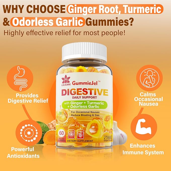 Ginger Chews Supplement Gummies for Nausea, Stomach Relief & 5HTP Gummies for Adults & Kids 8+ with GABA + Magnesium Glycinate