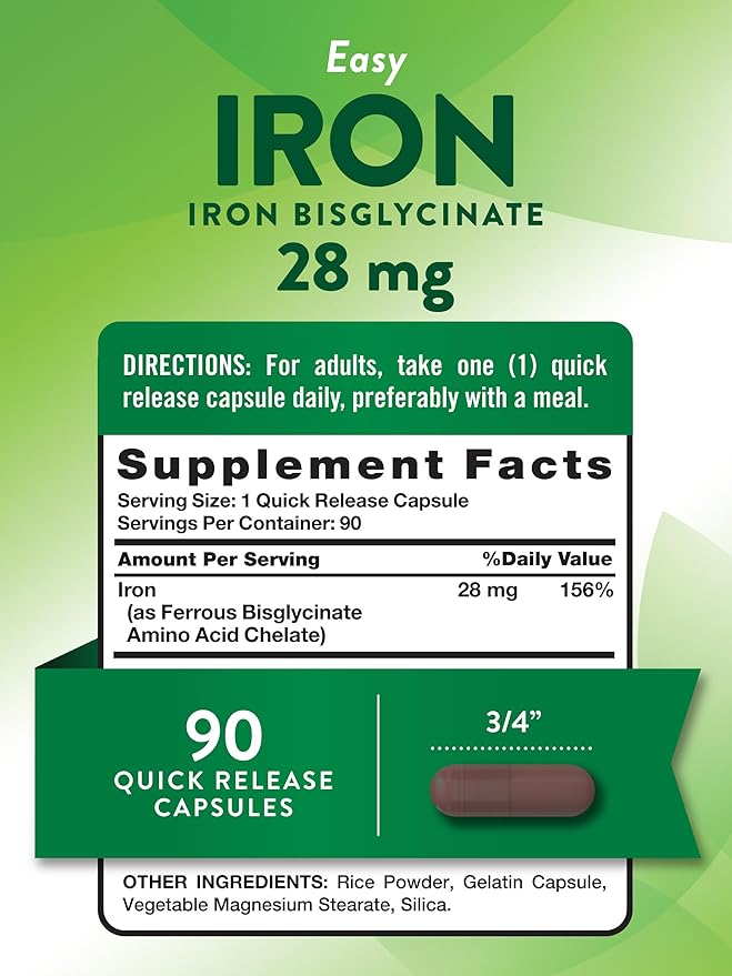 Nature's Truth Easy Iron Supplement 28 mg | 90 Capsules | Iron Bisglycinate | Non-GMO, Gluten Free