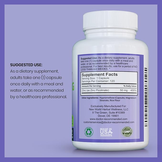 Zinc 50mg - Zinc Picolinate Immune Health Support Supplement 120 Veggie Capsules for Adults and Kids Vitamin, Well-Absorbed High Potency Pure Zinc Supplements - 50mg Per Serving