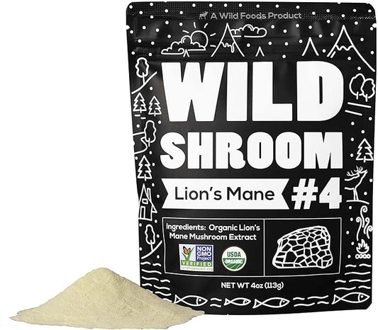 Wild Foods Lions Mane Powder Mushrooms Extract 10:1 | Organic Mushroom Powder | Adaptogenic Nootropic Herb for Brain Health, Memory and Focus (4 Ounce (Pack of 2))