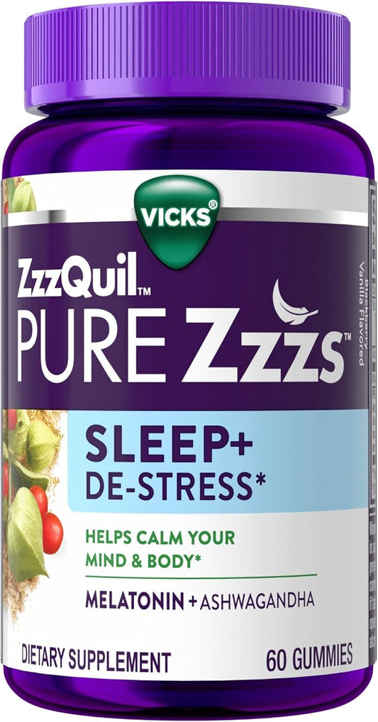 ZzzQuil PURE Zzzs De-Stress Gummy, Melatonin Gummies, Sleep Aid, Melatonin 2mg, Ashwagandha for Stress Support, Melatonin Sleep Gummies, Sleep Aids for Adults, 60 Sleep Gummies