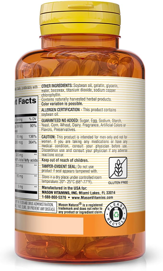 MASON NATURAL Prostate Therapy Complex with Saw Palmetto, Nettle Root & Pumpkin Seed Oil - Supports a Healthy Prostate Function*, 60 Softgels