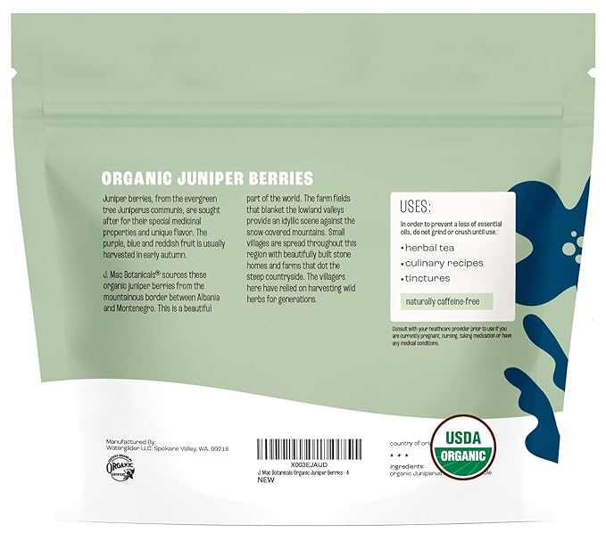 J MAC BOTANICALS, Organic Whole Juniper Berries, Certified Organic, juniper for herbal infusions, cooking and seasoning beef, pork, turkey brine, soups, syrups, cocktail bombs (4 oz)