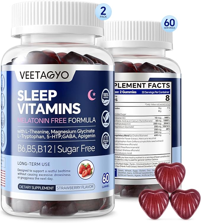 Melatonin Free 5-HTP GABA Supplement Gummies for Adults & Kids 12+ with L-Theanine, Magnesium Glycinate, L-Tryptophan, Apigenin - Sugar Free, Strawberry Flavor, Vegan, 120 Count