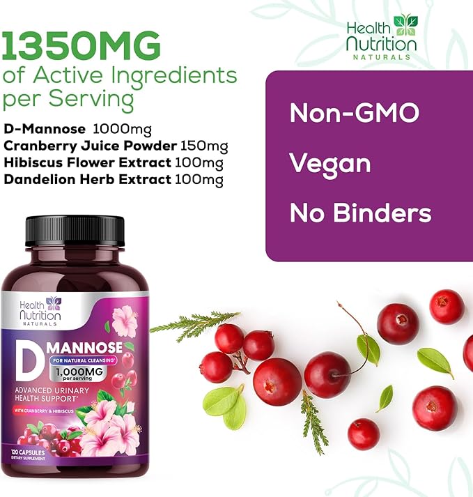 D-Mannose with Cranberry, Hibiscus & Dandelion 1350mg Advanced Formula – Urinary Tract Support Supplement for Women & Men – Flush & Cleanse Impurities – Non-GMO, Vegan for Women & Men – 120 Capsules