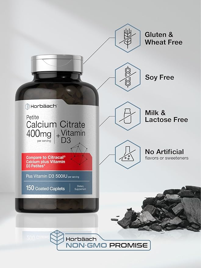 Horbäach Calcium Citrate with Vitamin D3 | 150 Petites | Vegetarian Supplement | Non-GMO, Gluten Free