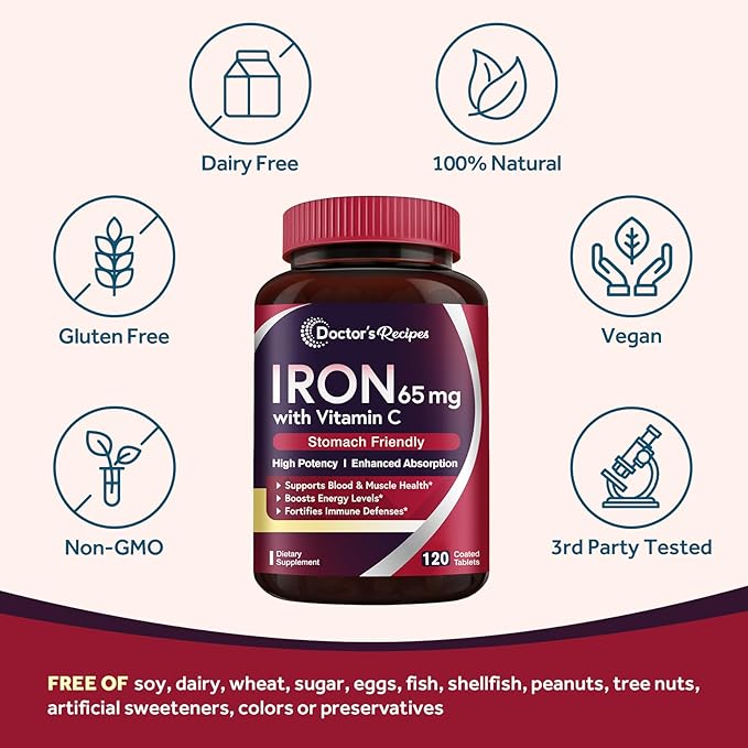 Doctor's Recipes Iron Supplement 65 mg with Vitamin C - Maximized Absorption & Stomach Friendly Iron Pills for Red Blood Cells Formation, Heart, Brain & Immunity Health - Vegan Non-GMO 120 Iron Tabs