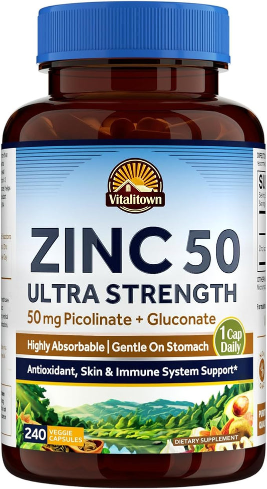 Vitalitown Zinc 50 mg, Zinc Picolinate, Zinc Gluconate, 240 Veggie Capsules, No Zinc Oxide, Well-Absorbed, Chelated Zinc Supplement, Immune System, Healthy Skin & Development, Vegan, Non-GMO