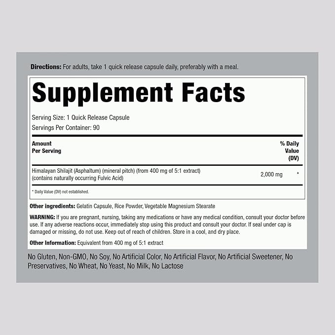 Piping Rock Shilajit Capsules | 2000mg | 90 Count | Himalayan Fulvic Acid | Non-GMO, Gluten Free Supplement