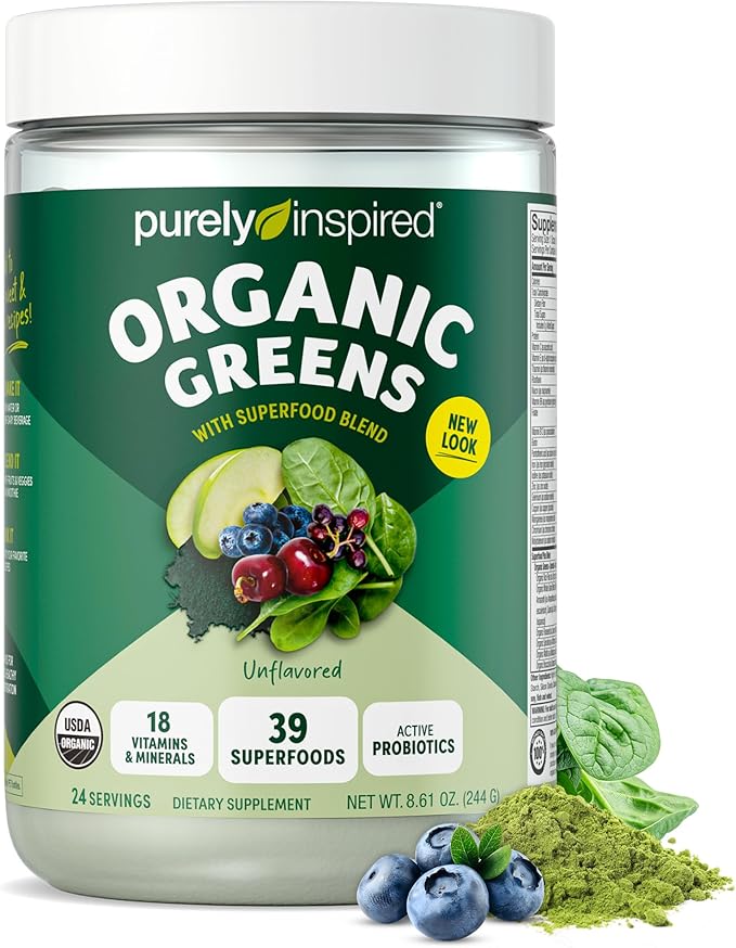 Purely Inspired Organic Green Powder Smoothie Mix, Unflavored (24 Servings) - Probiotics for Digestive Health with Spirulina & Chlorella for Gut Health - Vegan & Gluten-Free