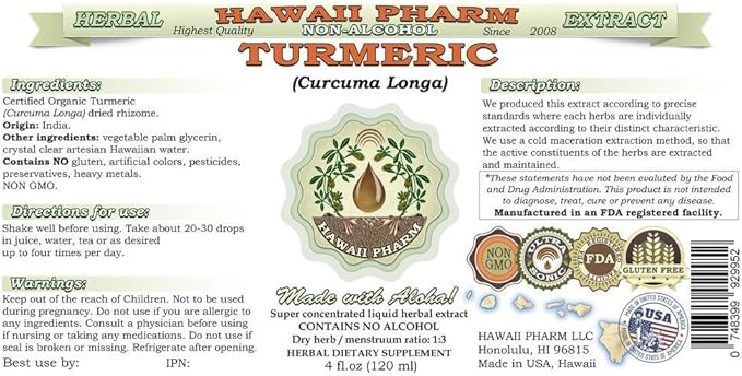 Turmeric Alcohol-FREE Liquid Extract, Organic Turmeric (Curcuma Longa) Dried Rhizome Glycerite Natural Herbal Supplement, Hawaii Pharm, USA 15x4 fl.oz