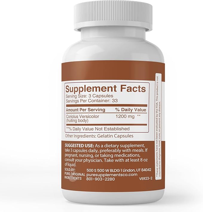 Pure Original Ingredients Turkey Tail Mushroom, (100 Capsules) Always Pure, No Additives Or Fillers, Lab Verified