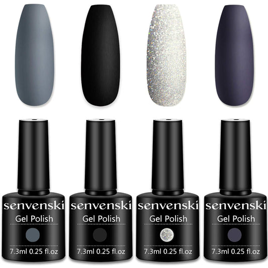 Senvenski Grey Black Gel Nail Polish, White Glitter Dark Purple Charcoal Pewter Gel Polish Shimmer Crystal Gift Soak Off Set Uv