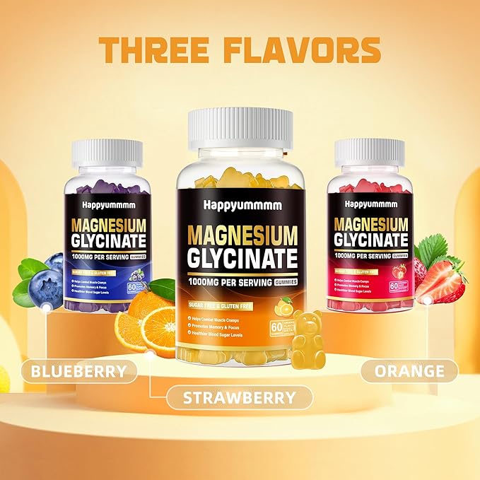Magnesium Glycinate Gummies 1000mg - Sugar Free Magnesium Potassium Supplement with Vitamin D, B6, CoQ10 for Calm Mood & Sleep Support - 120 Orange Gummies.
