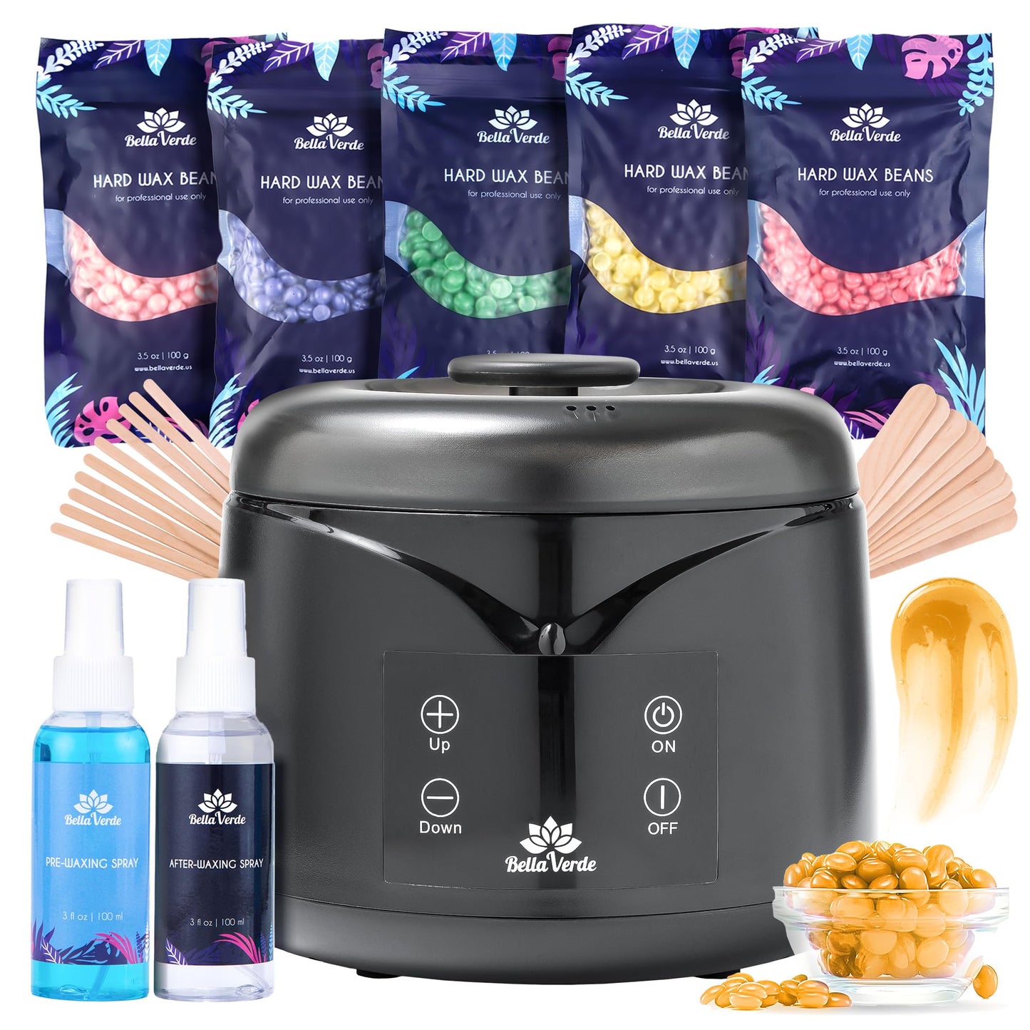 Bella Verde Waxing Kit For Women & Men - Digital Melting Wax Pot, 20 Waxing Sticks, 5 Packs Hard Wax Beans, Pre & After Wax Spra