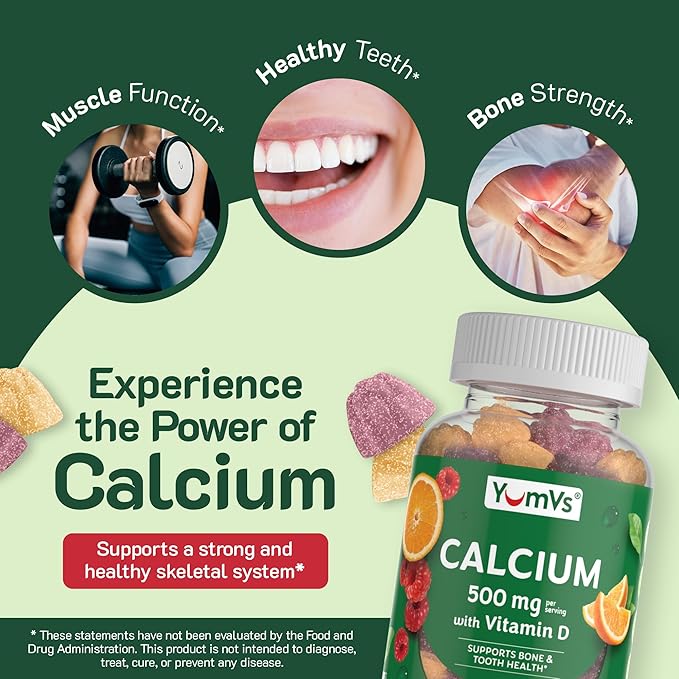 YumVs Calcium 500mg with Vitamin D3 - Raspberry & Orange Flavor Calcium Vitamin D Gummies, Chewable Calcium Supplement for Kids & Adults, Vitamin D Calcium Gummies (60 Count (Pack of 2))