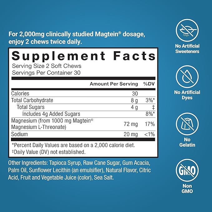 Force Factor Ultimate Magtein Magnesium L-Threonate 2000mg, Support Cognitive Function, Focus, Memory & Relaxation, Magnesium Threonate, Mixed Berry, 60 Soft Chews