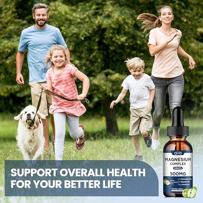 Triple Magnesium Complex Supplement-Magnesium Glycinate, Citrate, Malate Liquid Drops 500mg with Ashwagandha, L-Theanine, B6 for Calm, Stress Relief, Sleep, Muscle Support-Green Apple Flavor