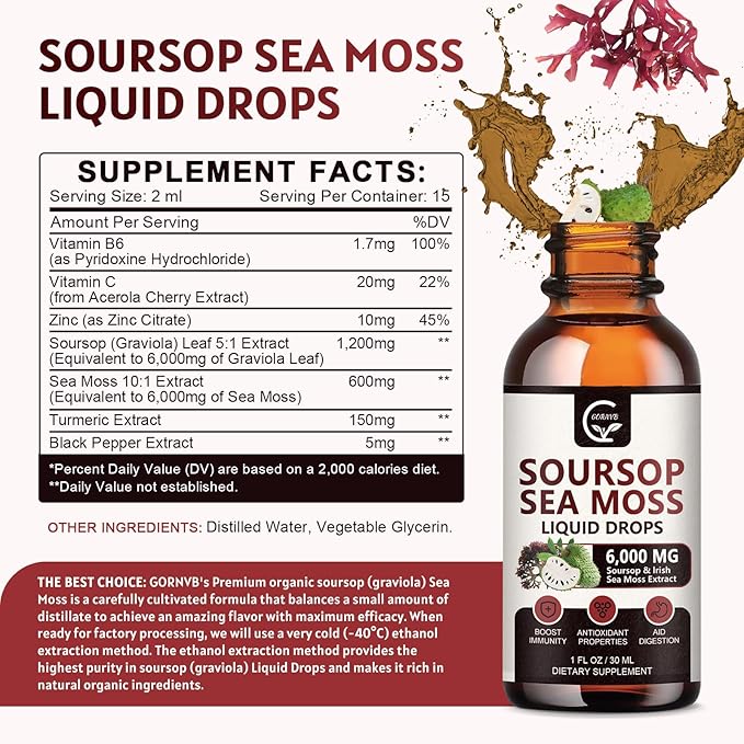 (2 Pack) Soursop Graviola Liquid Drop, Soursop Bitters Multivitamin Liquid with Sea Moss & Turmeric, 98% Absorption for Cell Support & Regeneration, Immune Boost and Liver, 1 Fl Oz