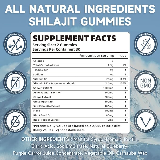 2 Packs Pure Himalayan Shilajit Gummies for Men & Women - Sugar-Free Shilajit Supplement Rich in 85+ Trace Minerals & Fulvic Acid, Providing Energy, Brain, and Immunity Support - 120 Gummies