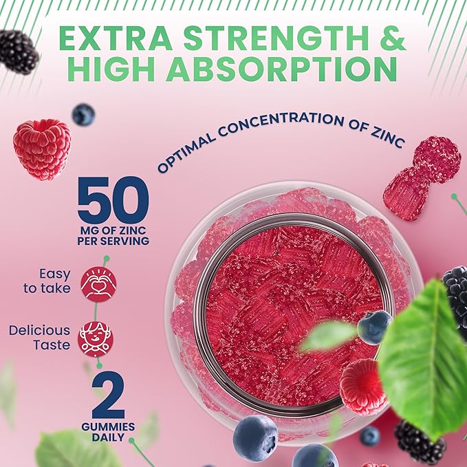 Zinc Gummies 50mg - Immune Support, Skin Health, Antioxidant, High Potency Daily Zinc Supplement for Adults, Chewable Zinc Citrate Gummies, Vegan, Gluten-Free, Non-GMO, 120 Gummies