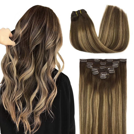 Doores Clip In Hair Extensions Real Human Hair Balayage Chocolate Brown To Caramel Blonde 16 Inch 7Pcs 120G Remy Human Hair Exte