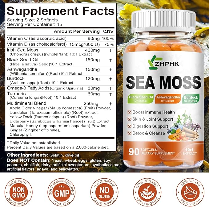 Organic Sea Moss Softgels with Black Seed Oil, Ashwagandha, Burdock, Turmeric, Elderberry, Omega 3 for Immune System, Skin, Joint, Energy, Gut Support 180-Count, 90 Days Supply