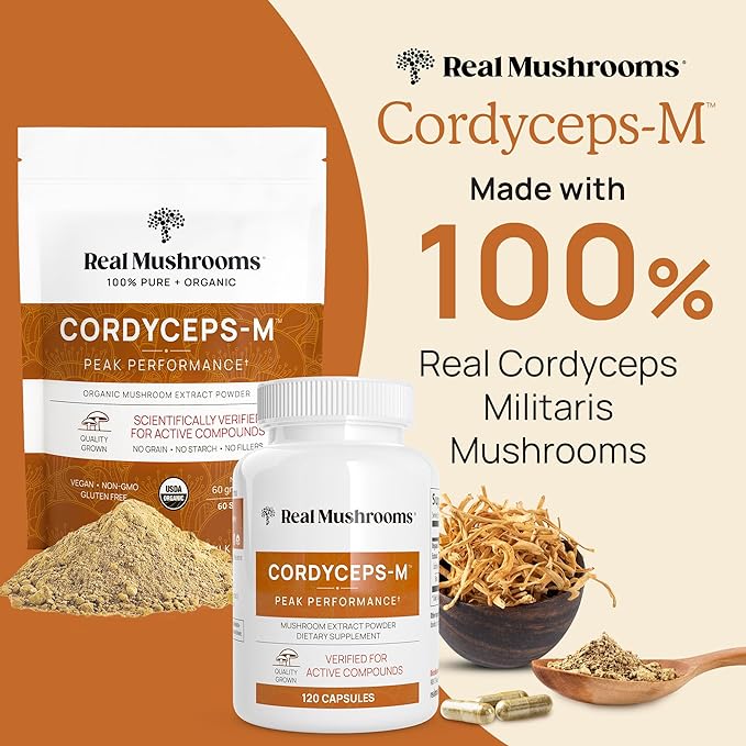 Real Mushrooms Cordyceps Capsules - Performance Mushroom Extract Supplement with Organic Militaris for Energy Immune Support Vegan Supplement, Non-GMO, 120 Caps