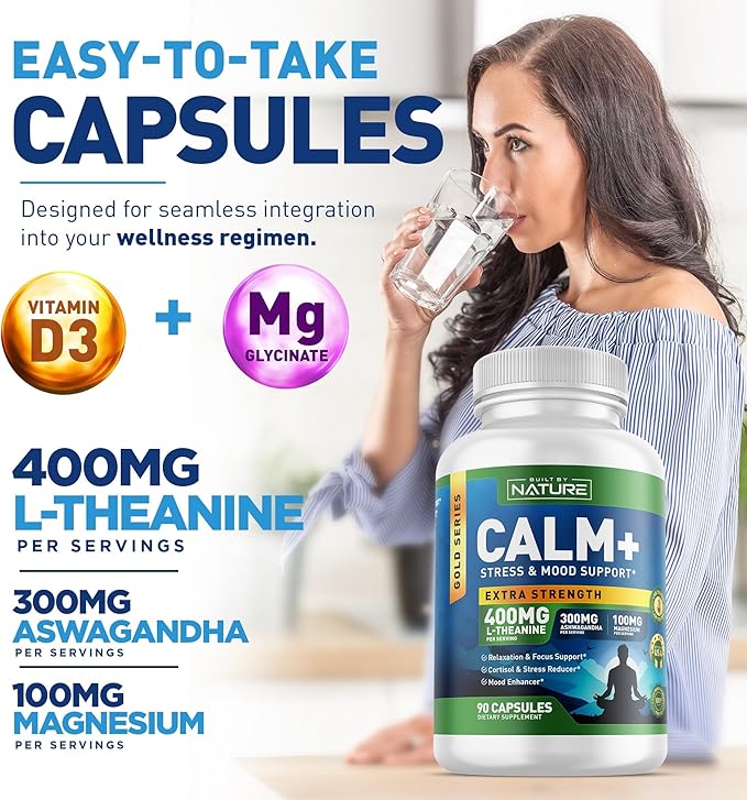 Built by Nature Calm+ Relaxation & Focus – Stress, Cortisol & Mood Support – Calm Supplement with L-Theanine, Ashwagandha, Magnesium Glycinate, Vitamin D3 – 90 Capsules
