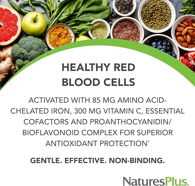 Natures Plus Hema-Plex Iron - 30 Slow-Release Tablets - 85 mg Chelated Iron - Total Blood Health - with Vitamin C & Bioflavonoids - Non GMO, Vegetarian & Gluten Free - 30 Servings